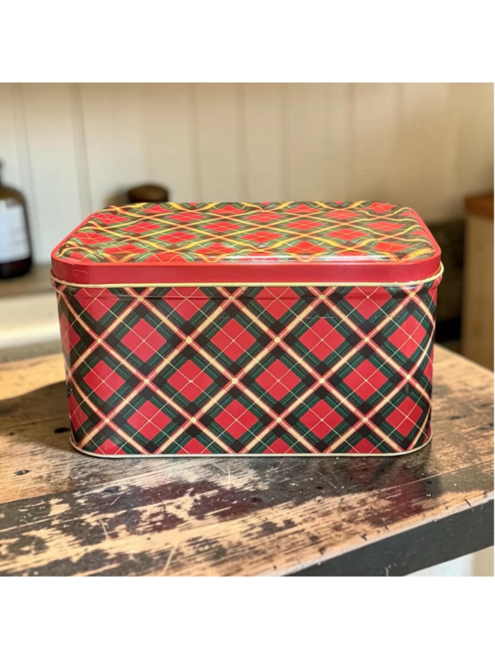 Vintage 1950s Tartan Plaid Metal Bread Box Red Green Yellow Mid Century Kitchen